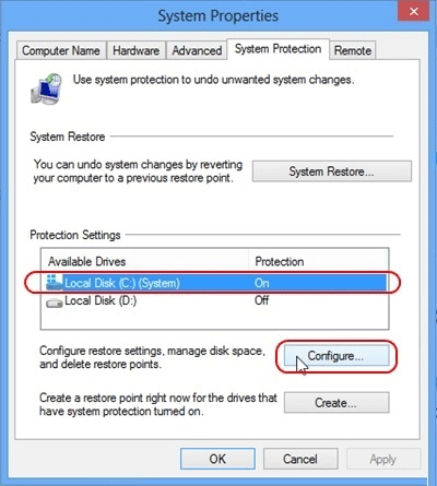 Windows 8 System Protection, Configure Settings